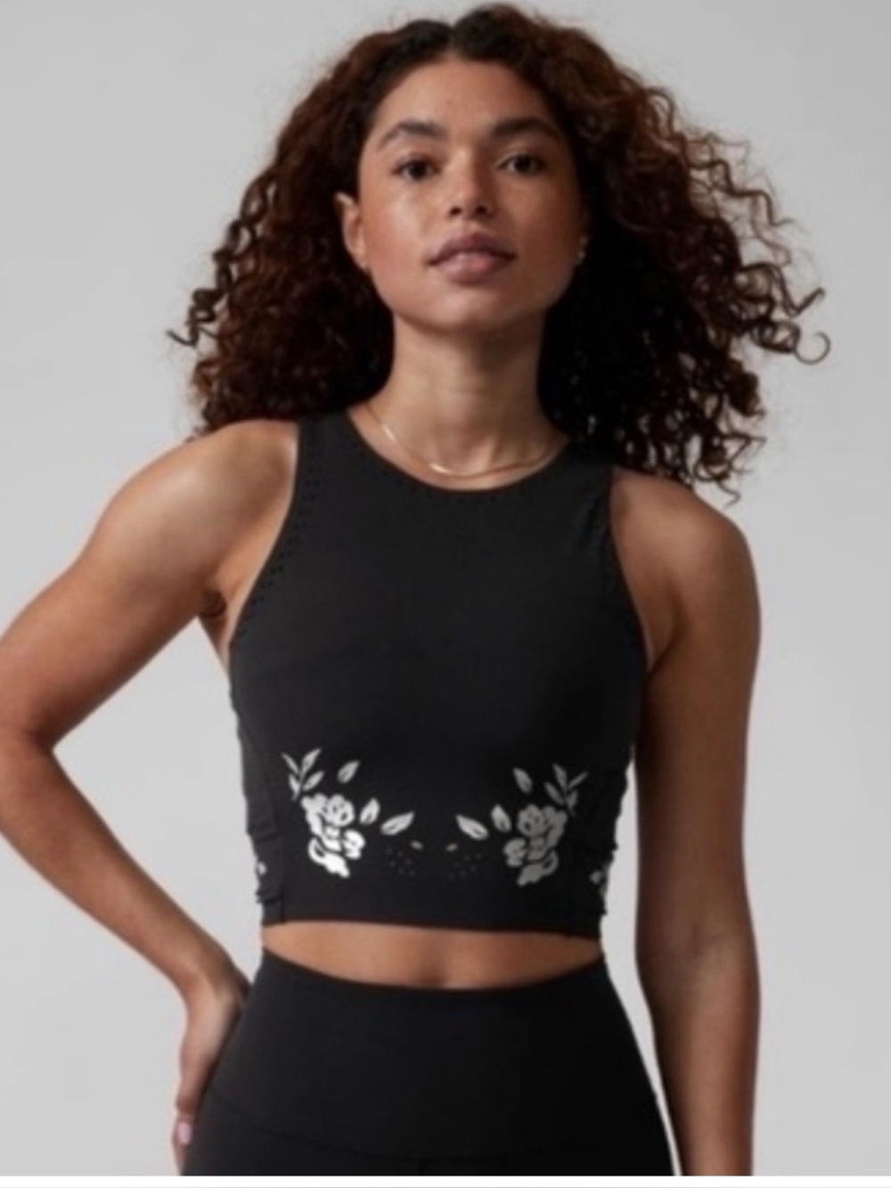 Athleta Body Conscious Blk High Neck Racerback Sports Bra Floral pattern Size S